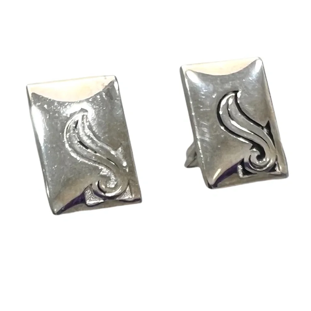 VINTAGE CUFFLINKS & MATCHING TIE CLIP SET - SILVER TONE WITH BLACKENED SWIRL